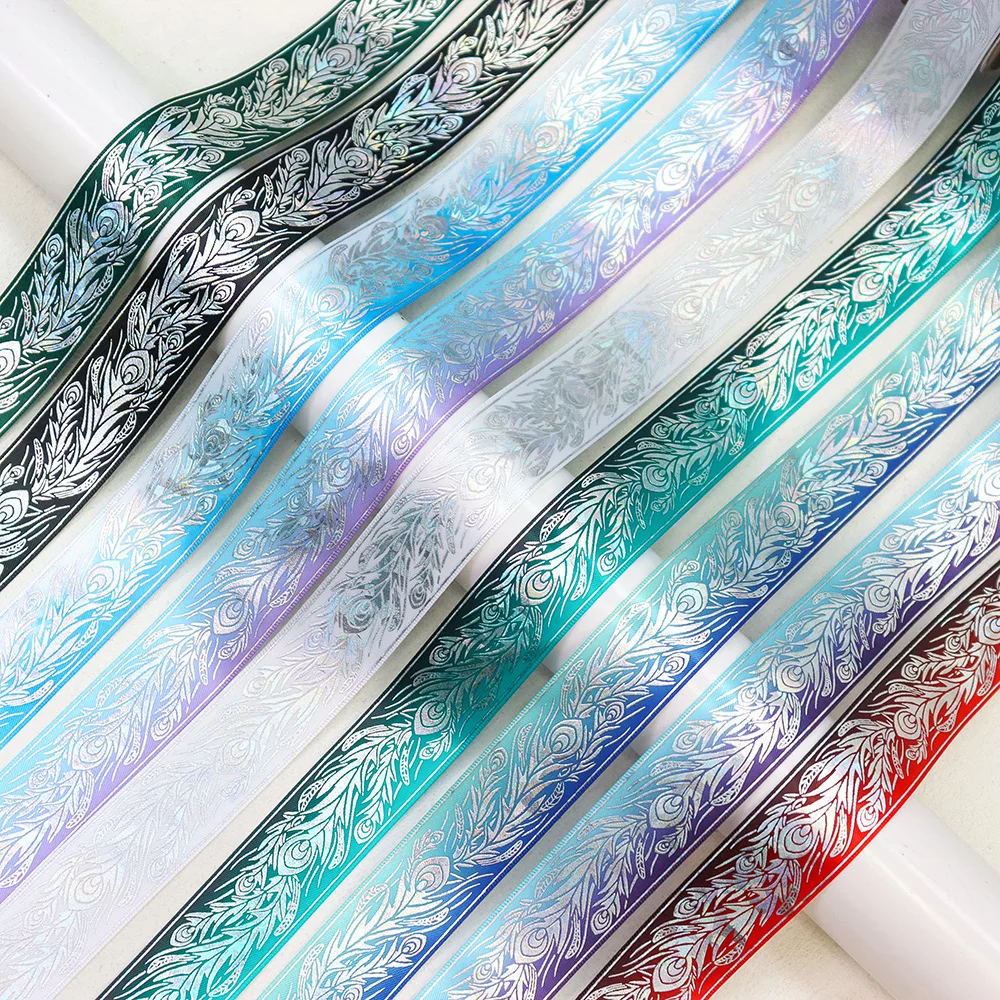 1\'\' 25mm Iridescence Phoenix Peacock Feathers Printed Polyester Satin Ribbon For Hair Bows Gift Wrapping DIY Sewing Accessories