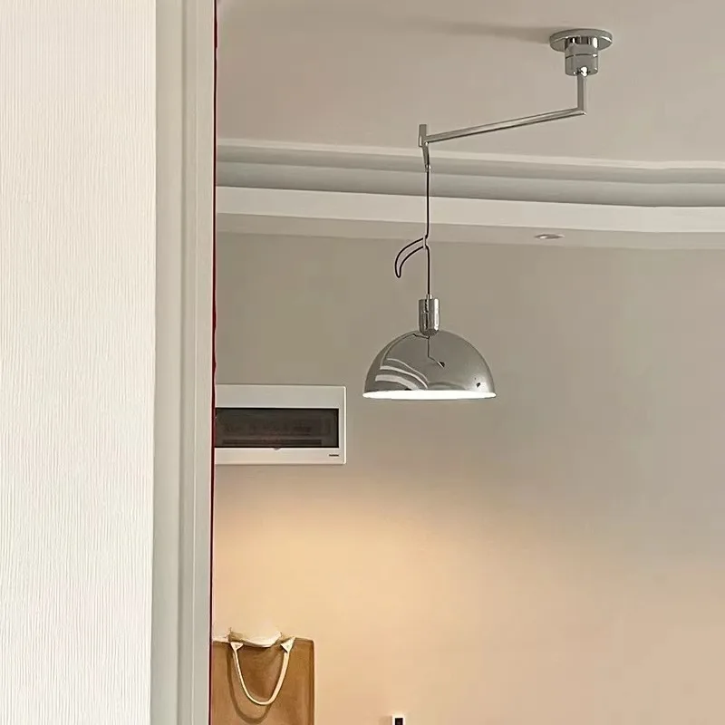 Swing Arm Pendant Light Nordic Folding Rotatable Long Pole Silver Lamp Living Room Study Movable Dinning Table Hanging Light LED