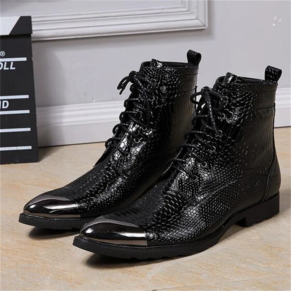 Black With Metal Patent Leather Cross-Tied High Heels Pointed Toe Boots Male Plus Size Party Wedding Business Dress Shoes 