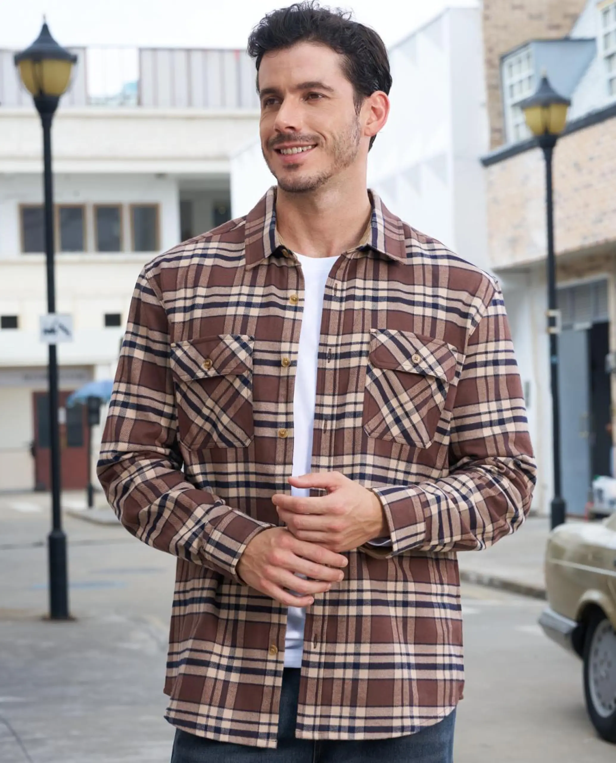 MAGCOMSEN Men's Cotton Flannel Shacket Plaid Shirt Long Sleeve Corduroy Collar 2 Chest Pockets Casual Work Overshirt Outdoor
