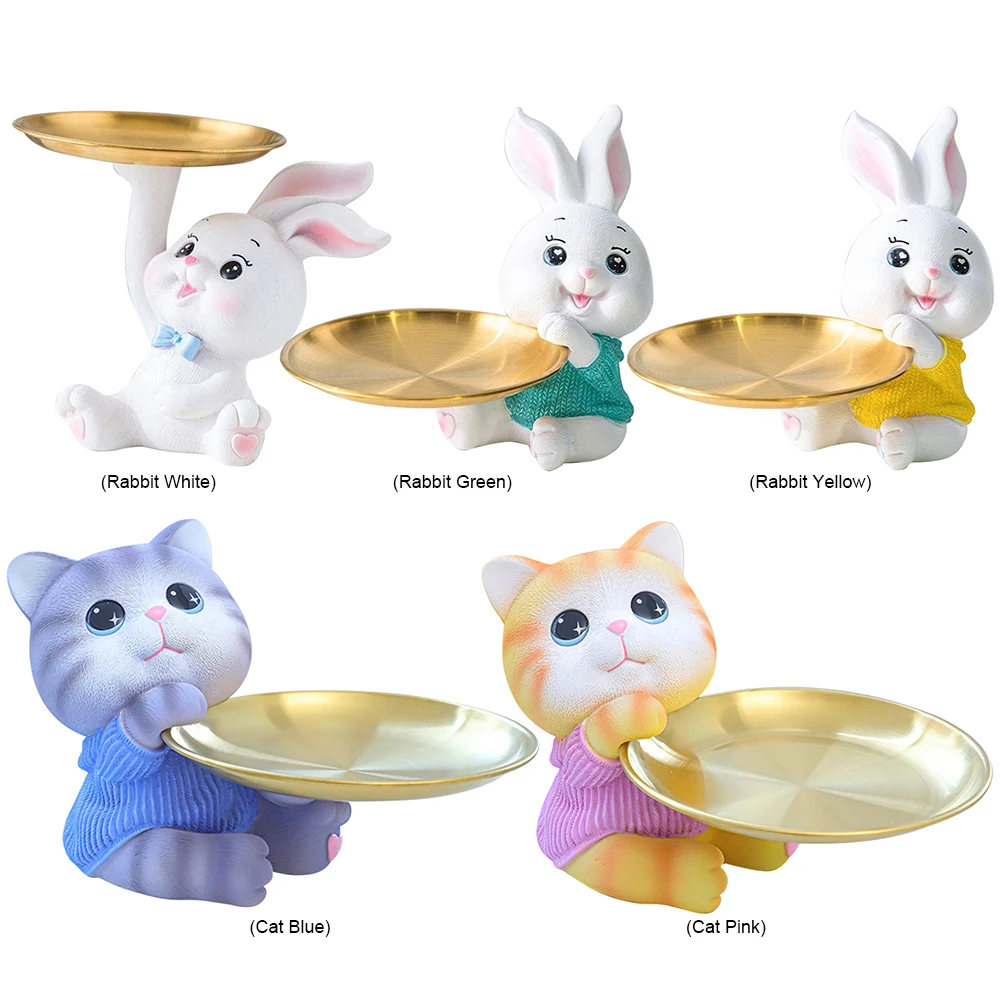 Cute Rabbit/Cat Storage Tray Multifunctional Key Candy Sundries Tray Resin Rabbit Sculpture Key Tray Home Office Desk Decor