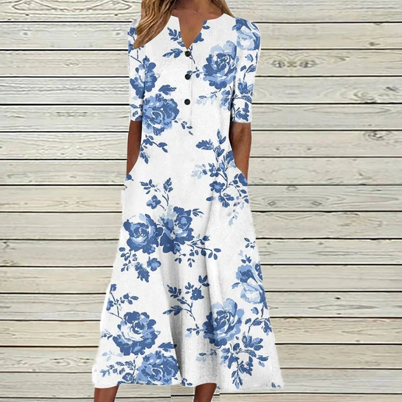 Sommer Maxi Kleid Frauen Vintage Gedruckt Sommerkleid Beiläufige Lose Kurzarm V-ausschnitt Vestidos Strand Urlaub Robe Langes Kleid Boho