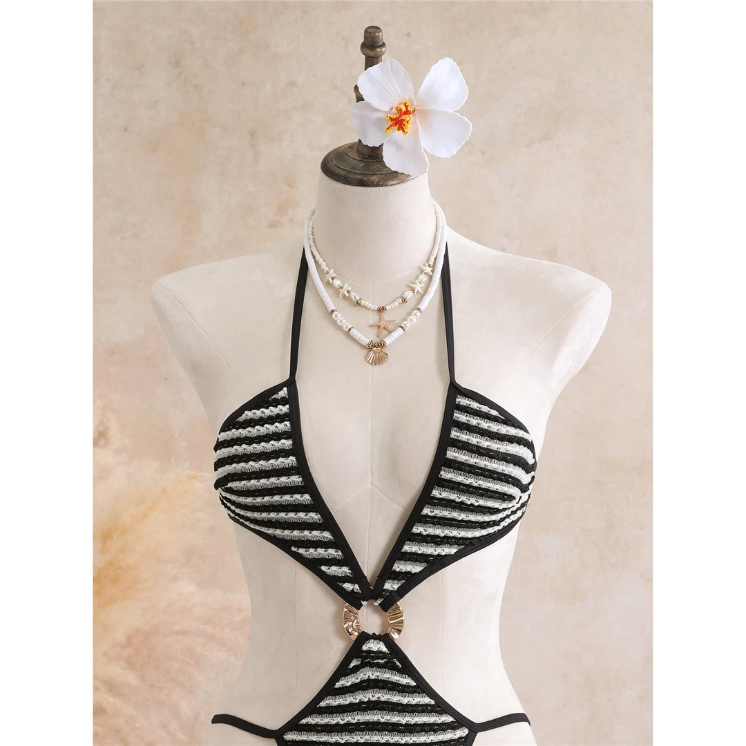 Mit Rock, gestreiftem Halterneck, V-Ausschnitt, Damen-Badeanzug, einteiliger Badeanzug, Damen-Monokini, hoher Beinausschnitt, Badebekleidung, Badeanzug, V8345. – Detail 10