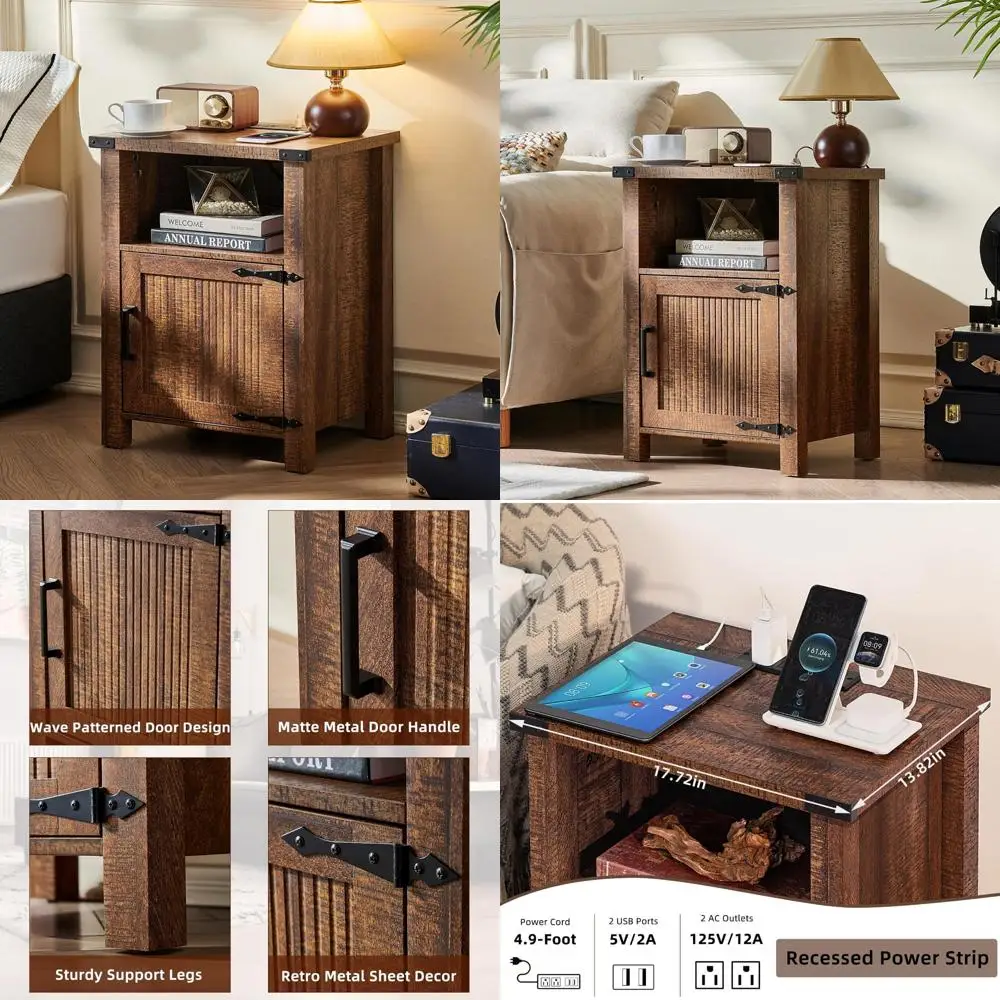 

18-inch rustic farmhouse nightstand with charging station and usb port