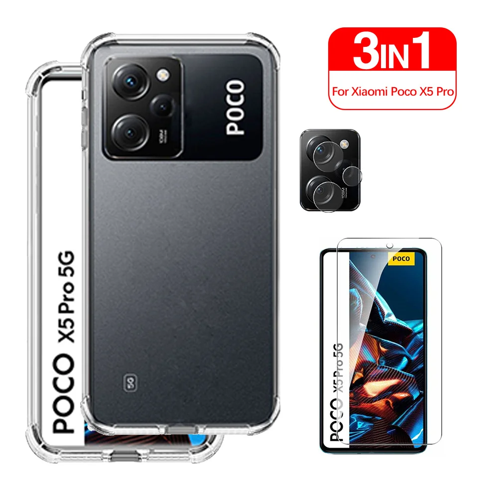 3in1 Protective Glass Pocco X5 Pro Clear Shockproof Case For Xiaomi Poco X5 Pro X 5pro X5Pro 5G Camera Lens Cover Tempered Film