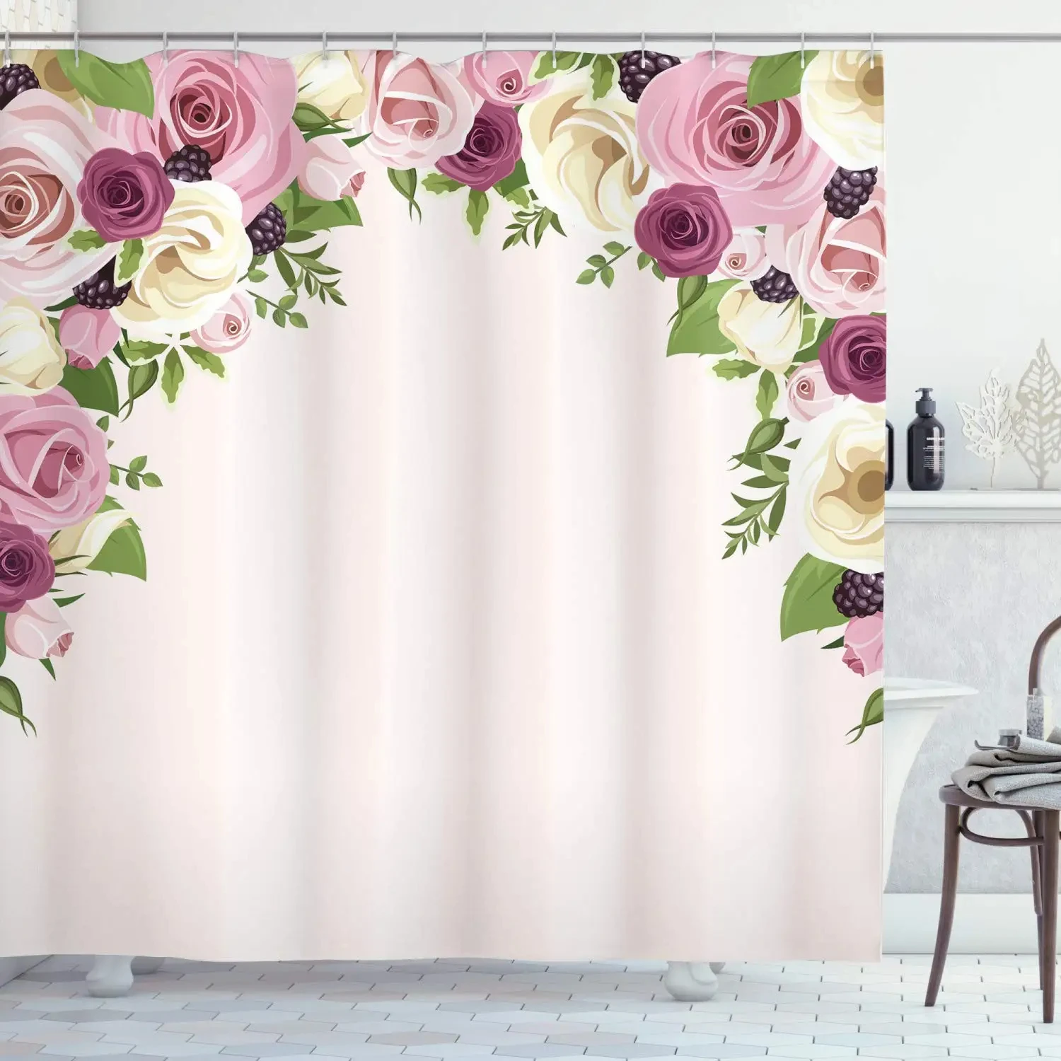 Bridal Floral Shower Curtain Wedding Flower Pink Rose Blossom Bathroom Decor Women Girls Spring Nature Waterproof Bath Curtains