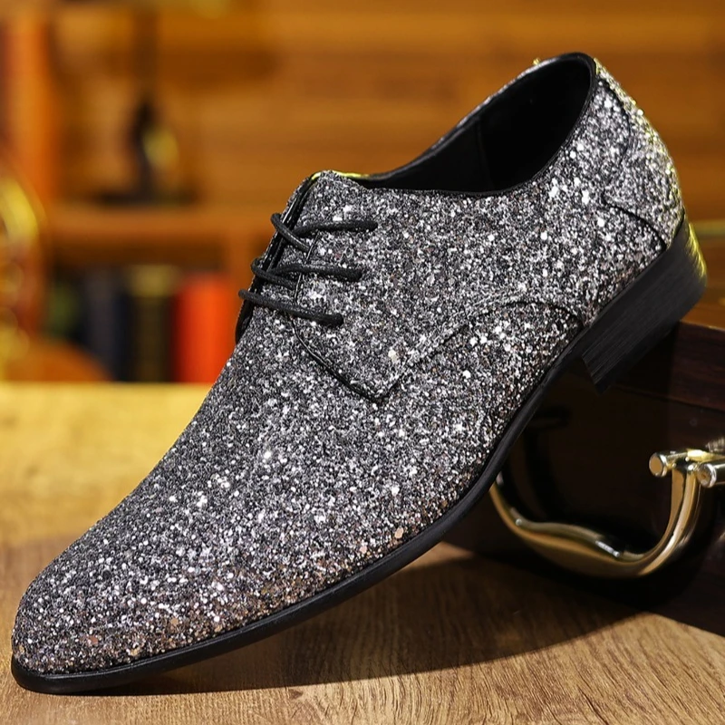 Luxe herenkleding schoenen goud zilver pailletten trouwschoenen hoge kwaliteit veterschoenen Oxford schoenen modeontwerper heren flats groot formaat