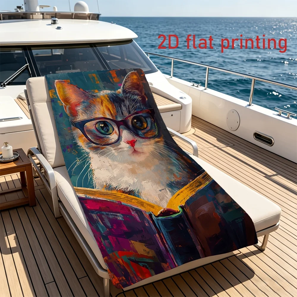1pc Literary Glasses Book Reading Cat Beach Towel Absorbent Towel For Beach Vacation Pool Yoga Bath Summer Holiday Gift