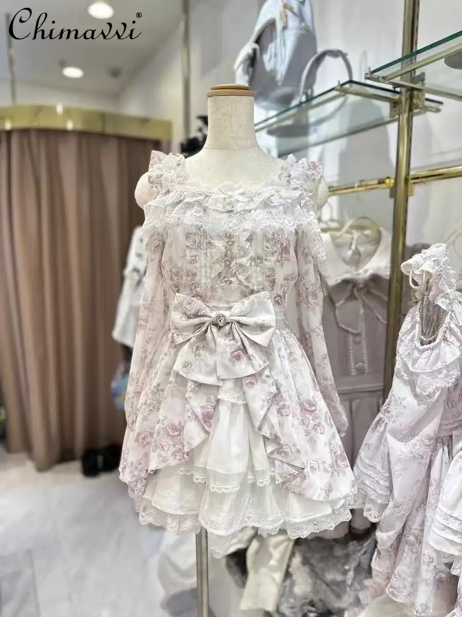 

Japanese Sweet Ruffled Lace Lace-Up Mass-Produced Rose Ribbon Dress Short Skirt Set Liz Cute Girls Elegant Princess Lolita Set