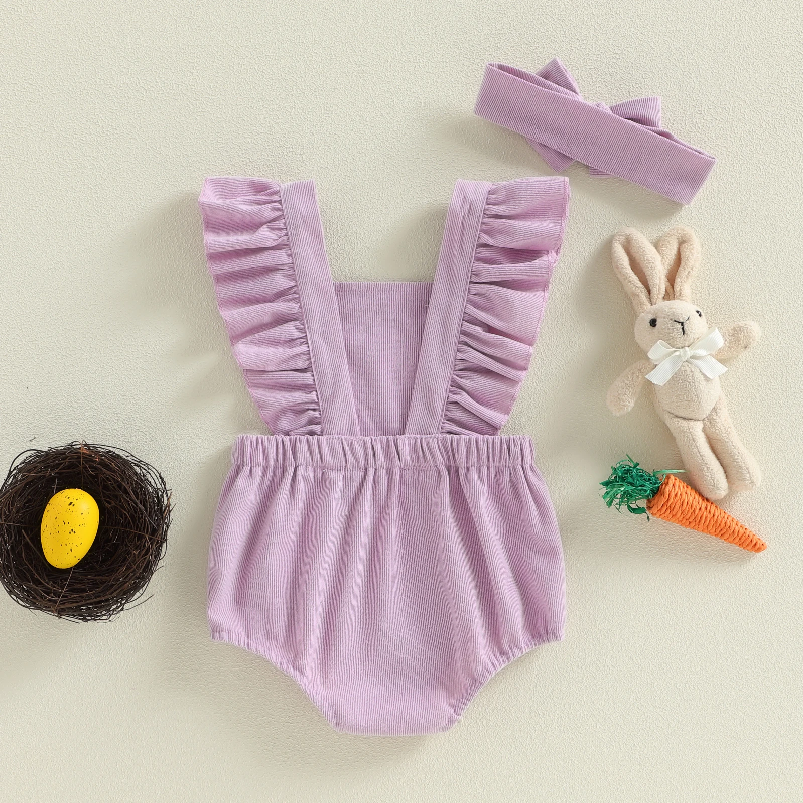 Infant Girl Easter Outfit Fly Sleeve Square Neck Bunny Embroidery Bubble Romper with Headband 2pcs Clothes Set for 0-18Months