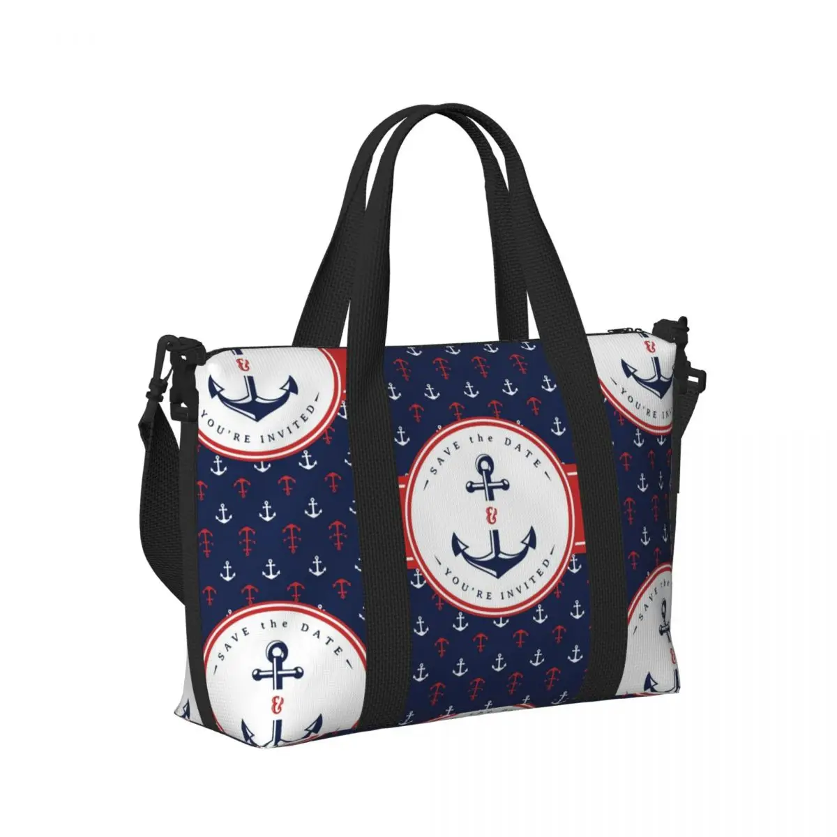 

Navy Blue Stripes Nautical Anchor Beach Travel Bag Large Capacity Tote Bags for Gym Yoga Women Shopping Duffle Shoulder Bag