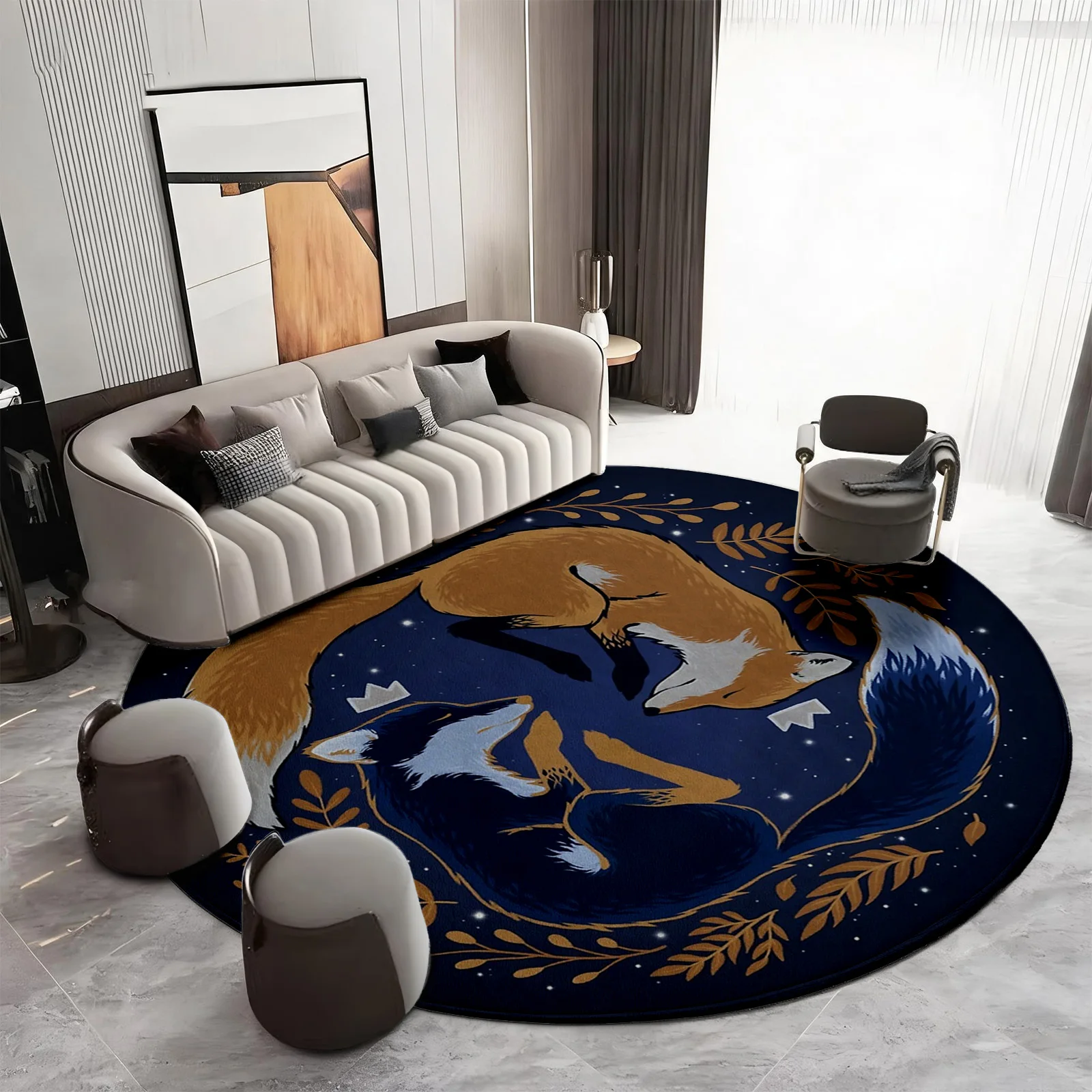 Round Blue Fox Area Rug Bohemian Wildlife Animal Print Mat for Living Room Bedroom Decor Trendy Stylish Home Carpet Accent Throw