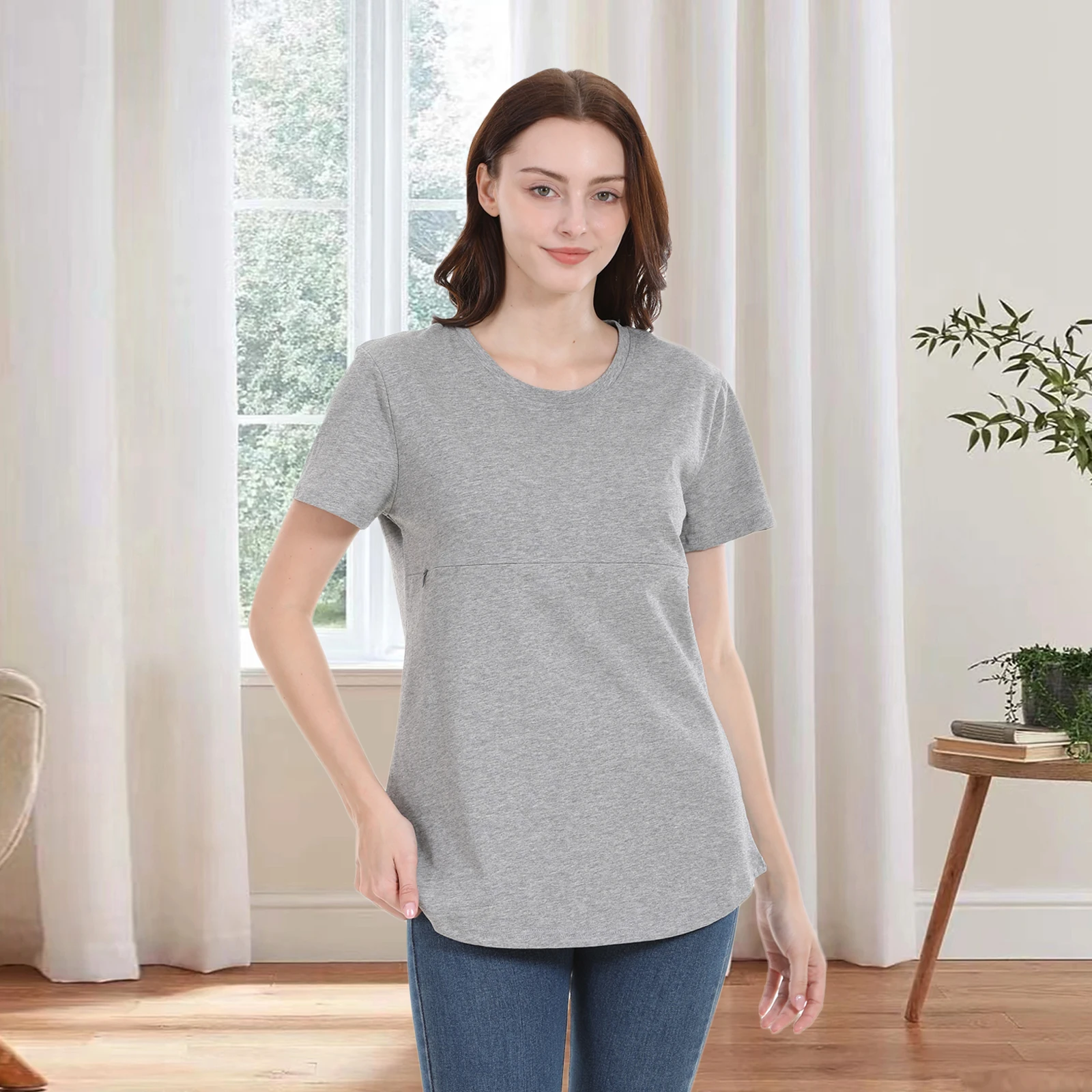 T-shirt maternidade com manga curta para as mulheres grávidas, roupas de maternidade, de algodão, com zip, tamanho grande 5xl