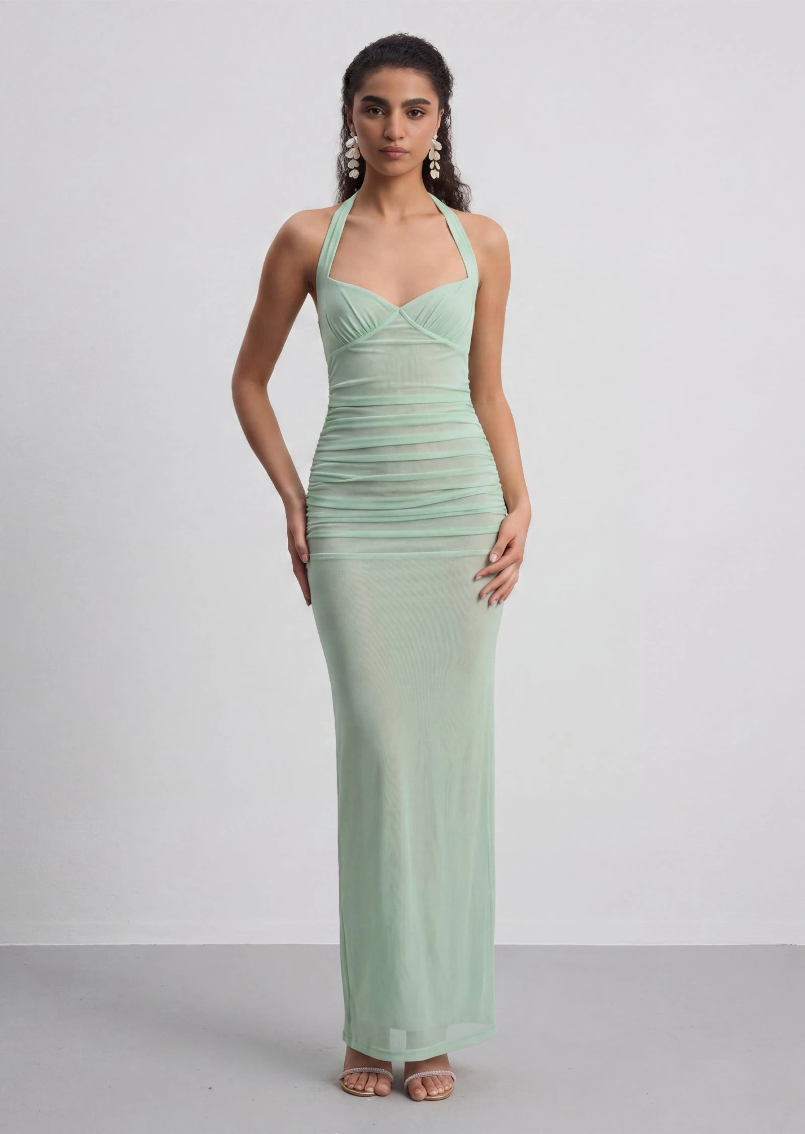Halter V Neck Ruched Backless Sexy Elegant Solid Maxi Dress Women Clothes Evening Party Festival Fashion Unique Vestido