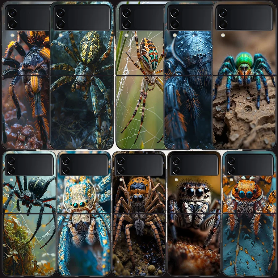 Capa de Celular Luxuosa com Teia de Aranha para Samsung Z Flip 7 6 5G Galaxy Z Flip 5 4 3, Capa Rígida Preta em PC