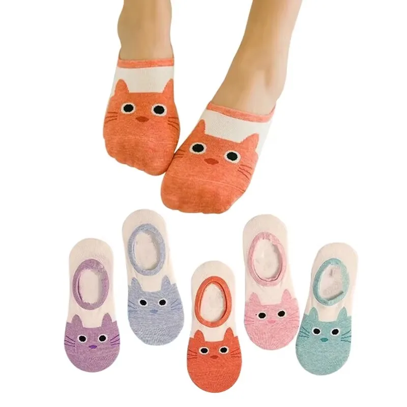 5 Pairs/lot Sock Slippers Women Funny Kawaii Cotton Non-slip Silicone Lady Women Cartoon Cat Cute Animal Boat Socks Summer Meias
