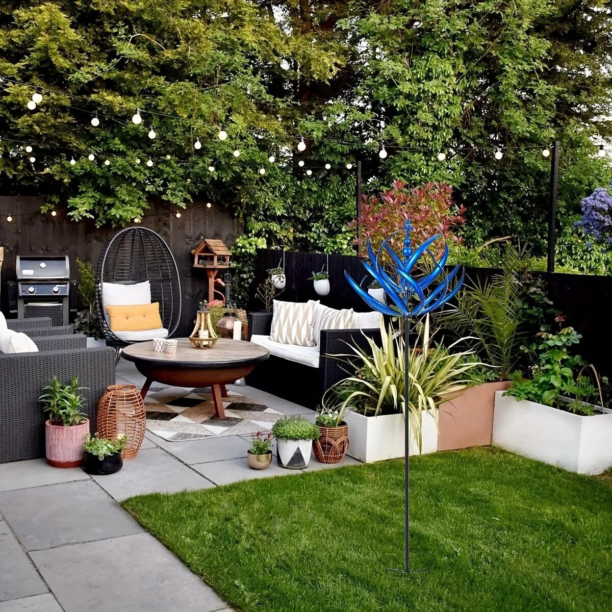 آلة دوارة الرياح الزرقاء الساحرة - منحوتة حركية معدنية للديكور الخارجي، مناسبة للساحات والحديقة والحدائق #5