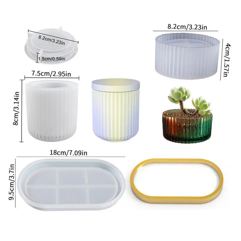 Striped Flower Pot Silicone Mold Silicone Epoxy Resin Mold Concrete Candle Jar Mold With Lid 4x Succulent Striped Planter Vase