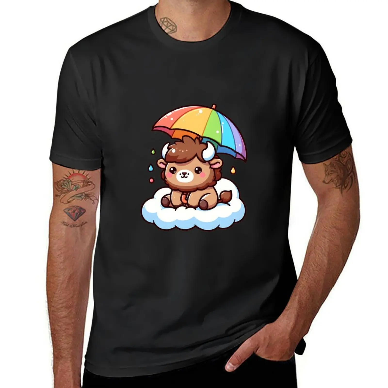 

Kawaii Bison With Rainbow Umbrella T-Shirt quick-drying Blouse custom shirt shirts graphic tees tee shirts for men