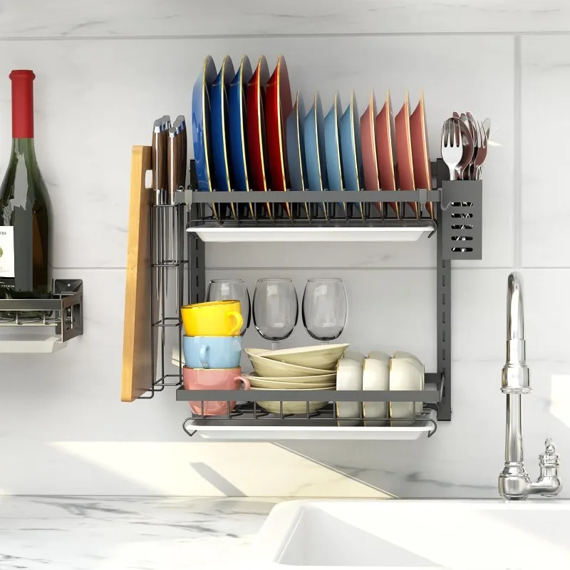 Hanging Wall Mounted Dish Drying Rack with Adjustable Layer*2, Hook*4, Drain Tray*2, Apartment & RV Wall Mounted Dish Rack