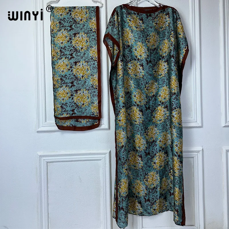 WINYI African Women boho print dress with belt abaya dubai luxury traditional outfit muslim sets woman maxi Dress evening dress