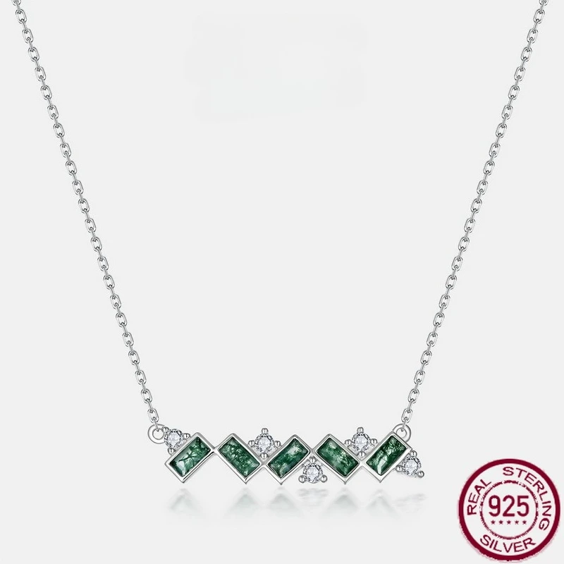 

New S925 pure silver geometric water grass agate inlaid with green moss stone necklace, simple and fashionable wedding jewelry