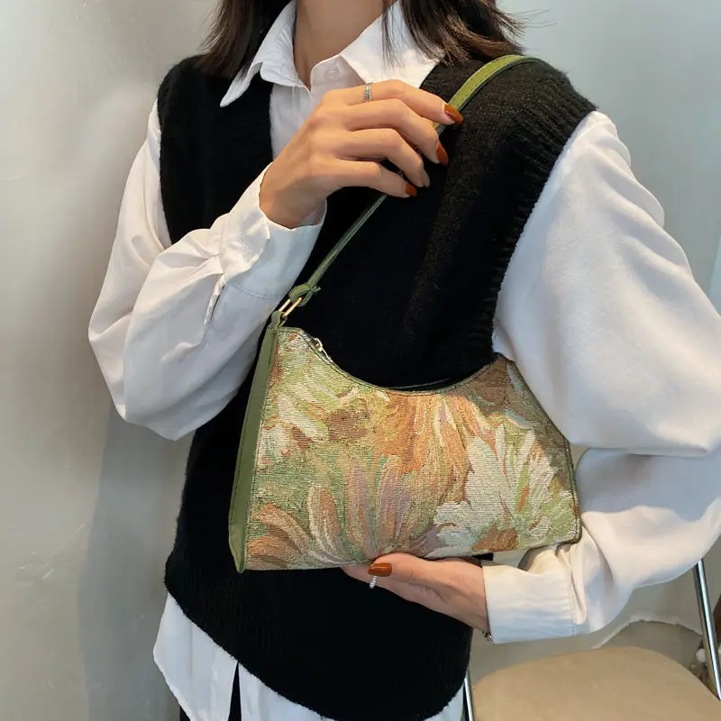 Fashion Vintage Women Oil Painting Design Shoulder Bags Ladies Simple Flower Female Armpit Hobos Bags Small Clutch Handbag Totes