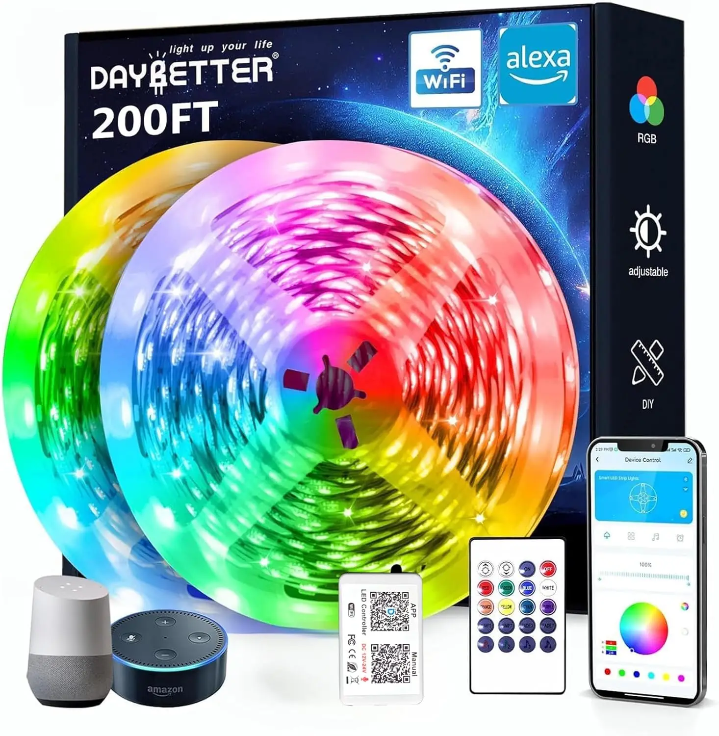 

Smart WiFi LED Strip Lights 200ft, RGB Color Changing with Alexa & Google Assistant, App & Voice Control, Music Sync for