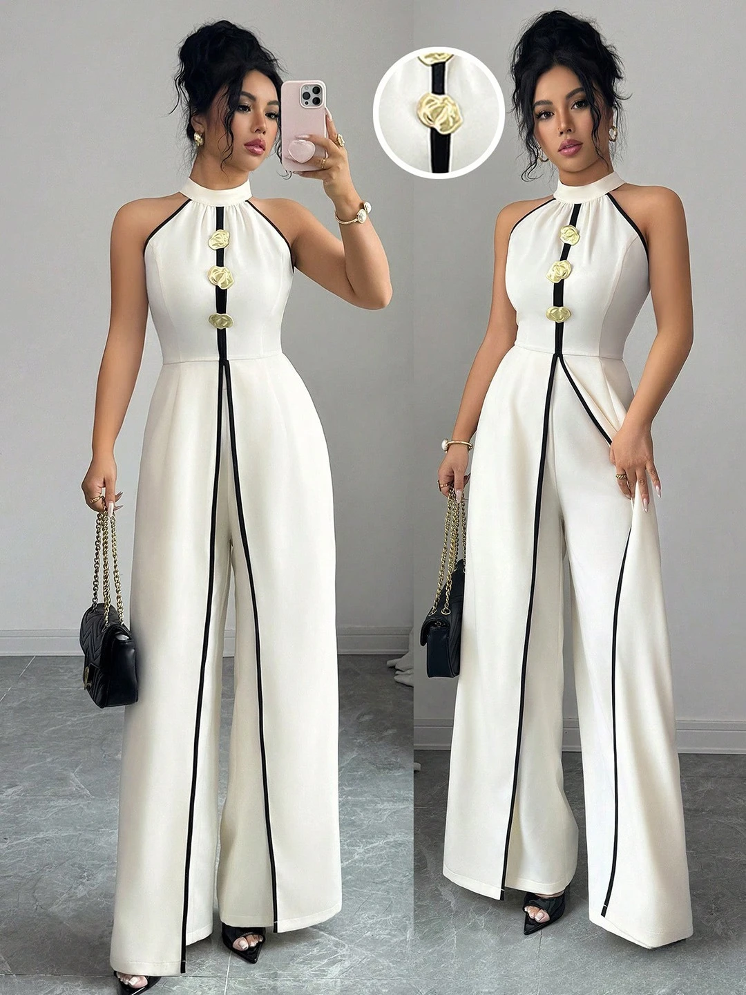 

Hollow Out Strapless Jumpsuit Solid Color Patchwork Sleeveless Wide Leg Jumpsuits Office Ladies Elegant Clothing