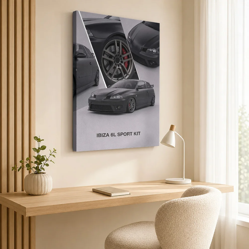 Black Sleek Ibiza 6L Sport Car Framed Canvas Poster Customized Photo Dynamic Illustration Style Canvas Wall Art Man Cave Decor