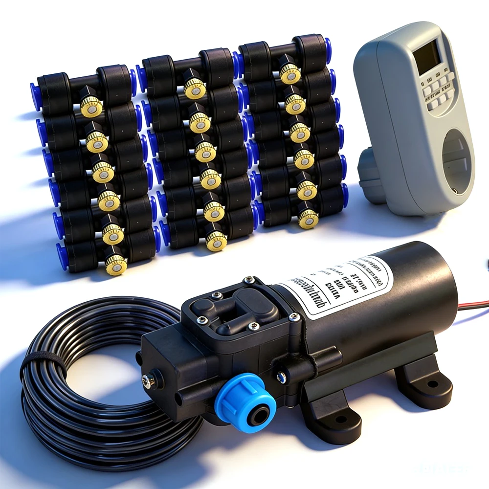 Système de brumisation et de refroidissement 30M-5M 60W avec pompe et buse en laiton de 0,3 mm pour jardin extérieur, kit de pulvérisation atomisante avec minuterie pour irrigation