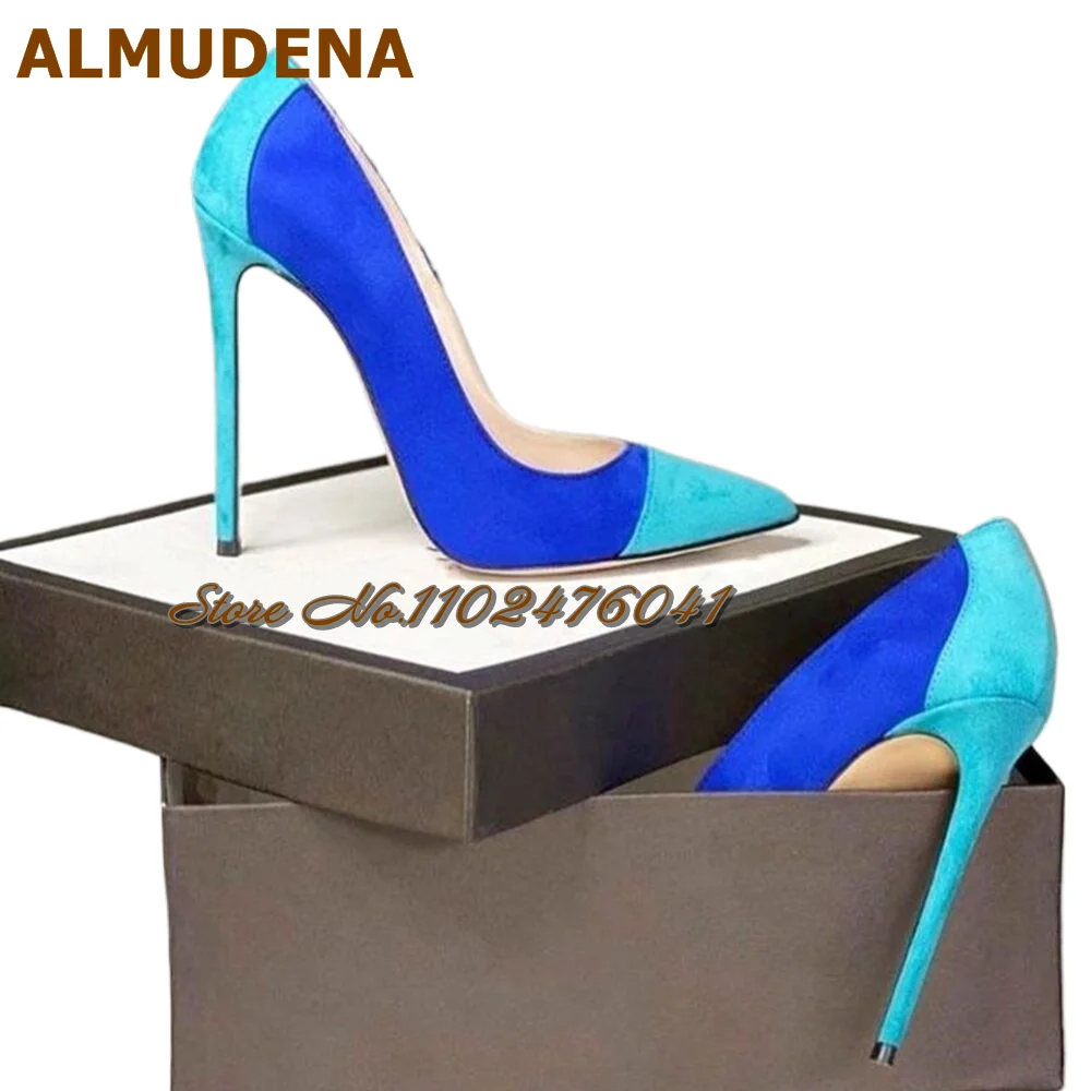 ALMUDENA Scarpe con tacco alto patchwork in pelle scamosciata blu royal turchese 12 cm 10 cm 8 cm Tacchi a spillo Colore misto Décolleté poco