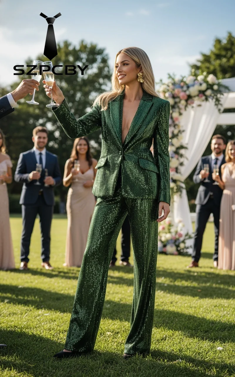 Women's Sequin Suit 2 Peak Lapel Glitter 1 Button Shiny Pants Women's Blazers and Suit Sets  for Night Club