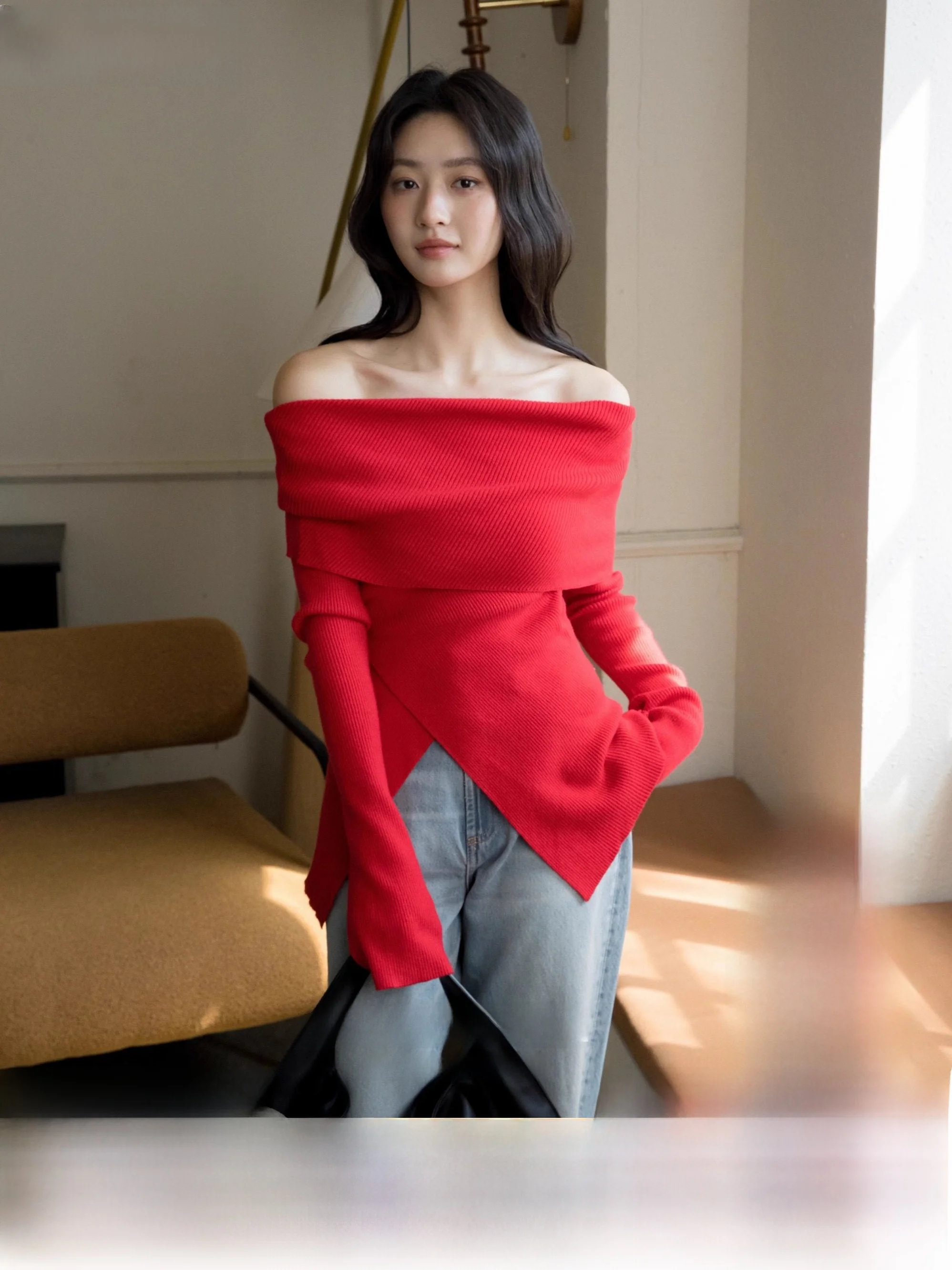 

Autumn Winter New Sle Women's Knitted One-oulder Exposure oulder Sweater Slim Fit Design Red Color Ultra Model 526