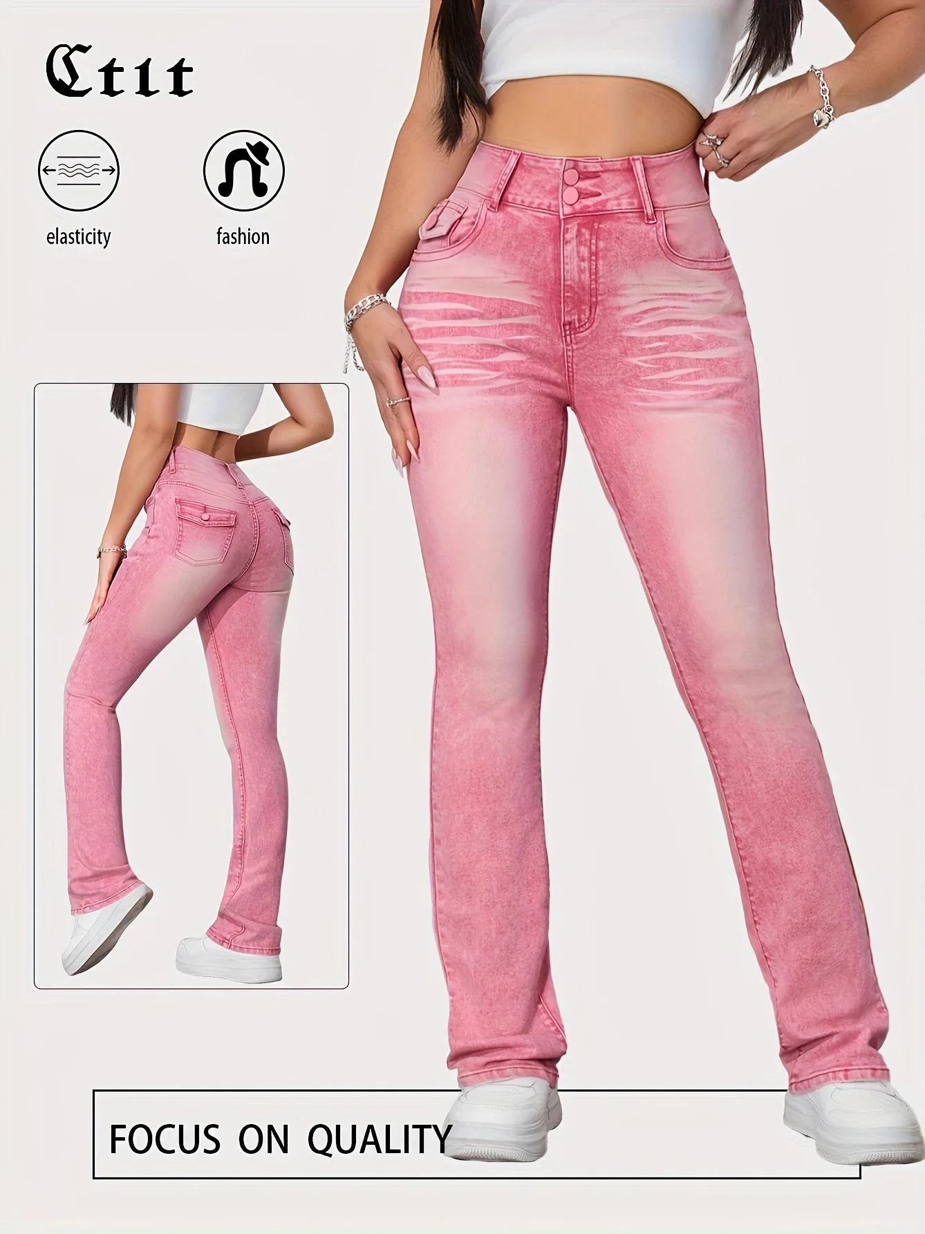 

Pink Denim Pants High Waist Cotton Stretch Elegant Style mid High Elasticity Slimming Fit Ladies Jeans Spring Season Ladies