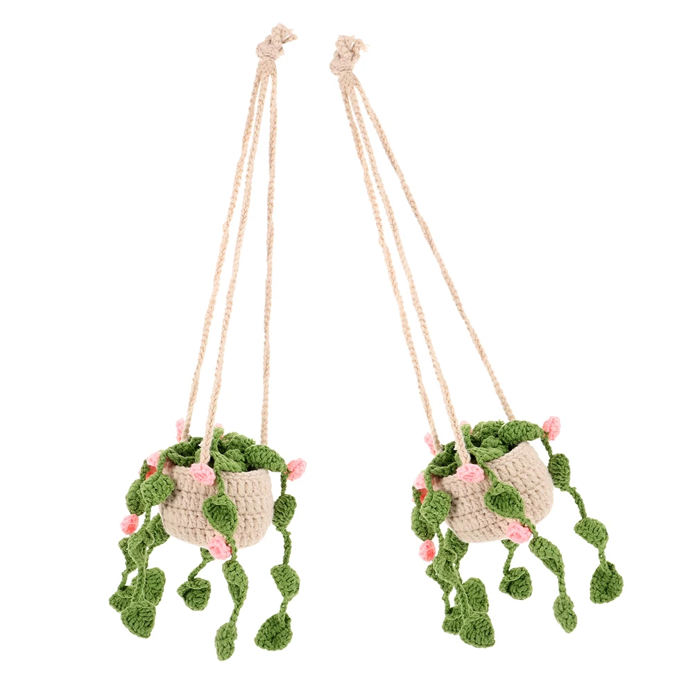 

2Pcs Handmade Crochet Car Mirror Ornaments Cute Potted Plants Rear View Mirror Car Interior Boho Decor Accessories Hanging Charm