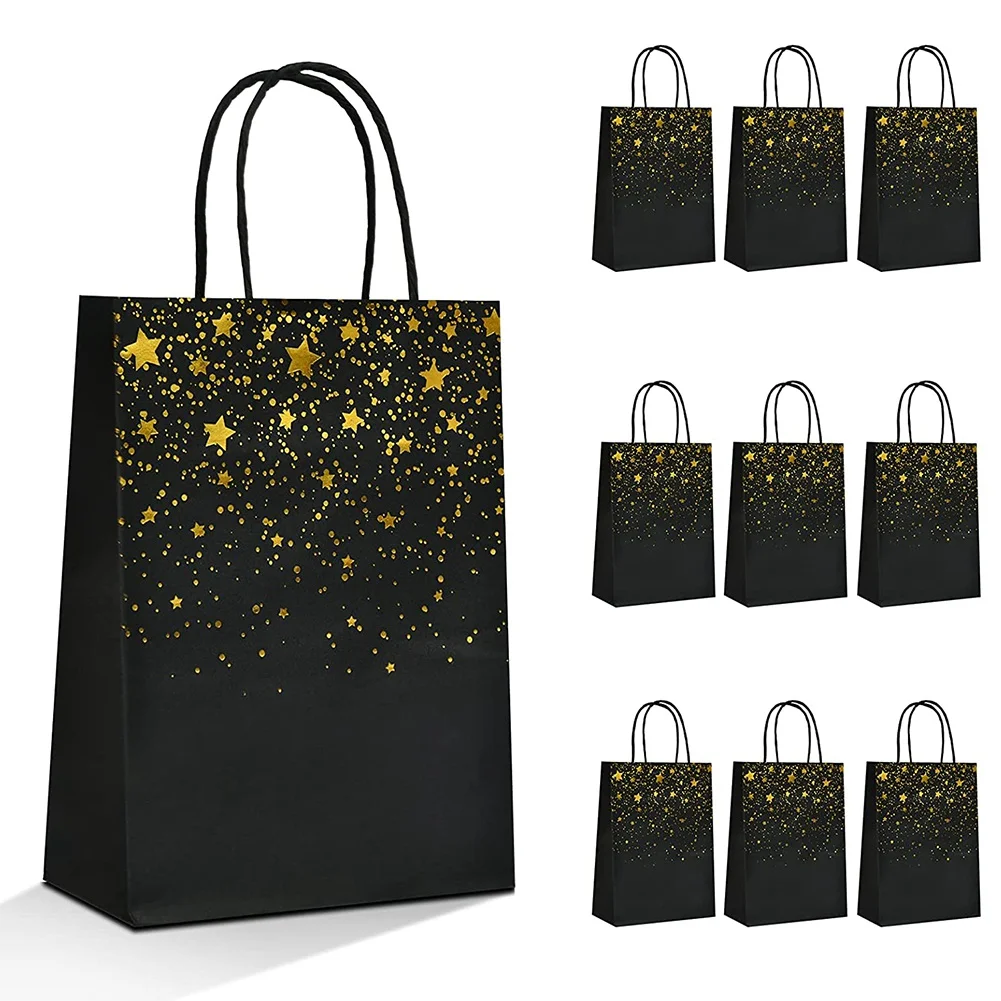 10 Pcs Black Kraft Paper Bag Portable Bronzing Paper Bag Birthday Gift Paper Bag for Parties and