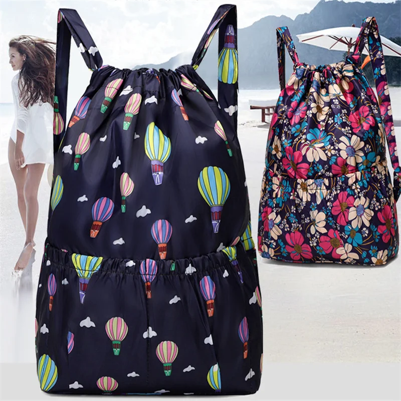 Fashion Drawstring Backpacks Women Lightweight Large Capacity Flower Ethnic Style Waterproof Nylon Rucksack Shoulders Backpacks