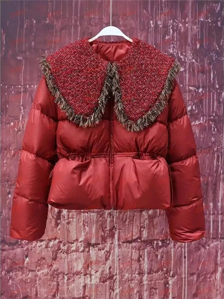 

Red ort Puffer Cotton Jaet Women's Doll Collar Slim Fit High Faion Autumn Winter Commute Sle Thi Zipper