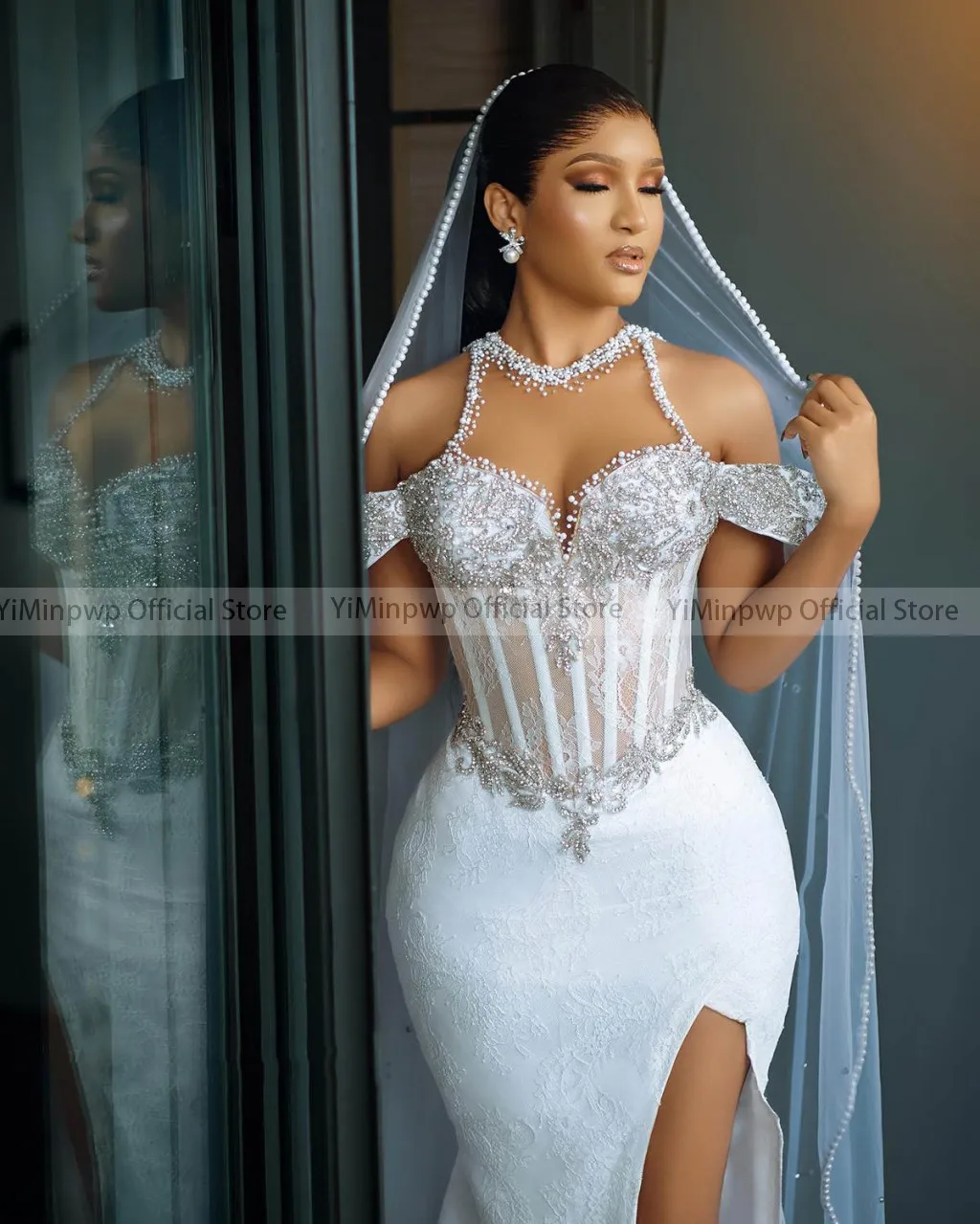 Royal Mermaid Wedding Dresses with Detachable Train O Neck Side Split See Through Lace Beading Arabic Bridal Gowns Customized