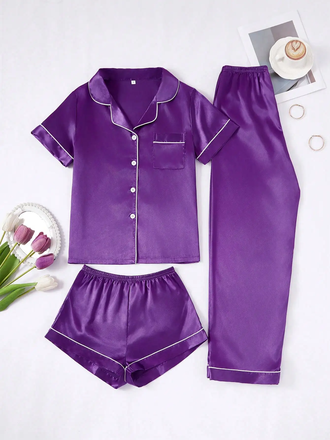 

Purple Faux Silk Pajama Set for Women - Short Sleeve Button Down Top with Long & Short Pants, Contrast Trim