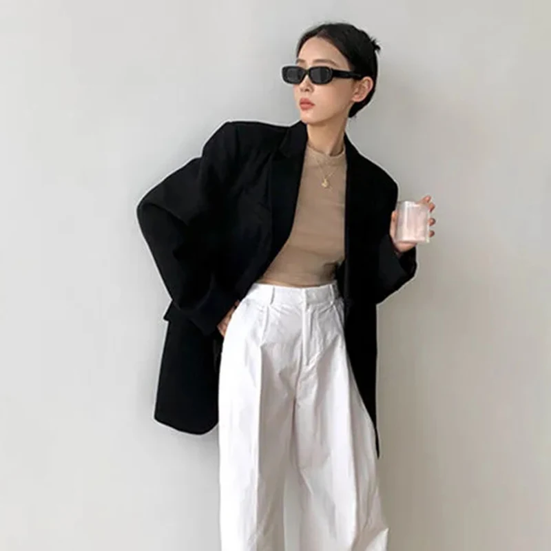 Zoki Vintage Harajuku Blazer Coat Women Casual Loose Long Sleeve Jackets Oversize Retro Simple Korean Office Lady Solid Suit Top