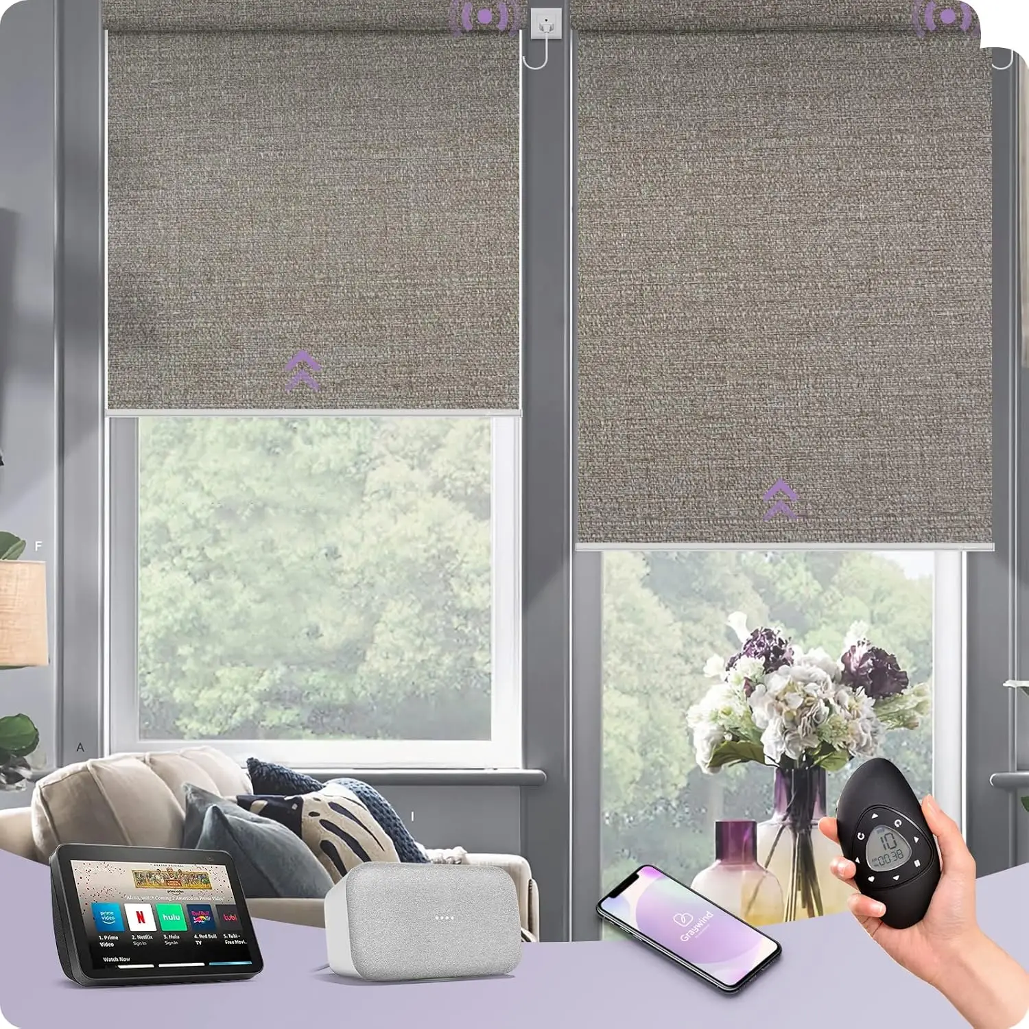 Motorized Shades 100% Blackout Compatible with Alexa Google WiFi Hardwired Smart Roller Shade Remote Control Automated Window Bl