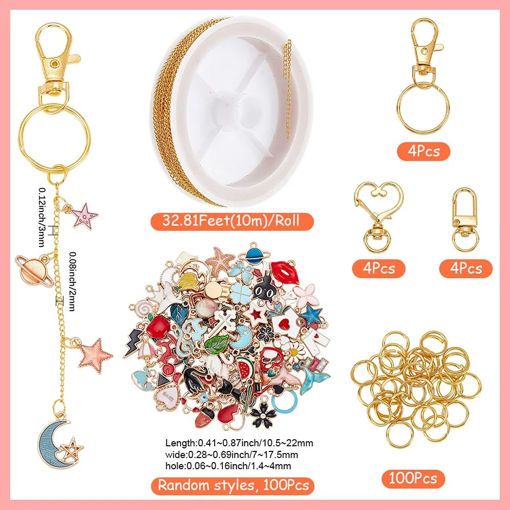 214Pcs Lip Gloss DIY Keychain Making Kits Include 10m Gold Chains Enamel Charms Pendants Open Jump Rings Alloy Keychain Clasps