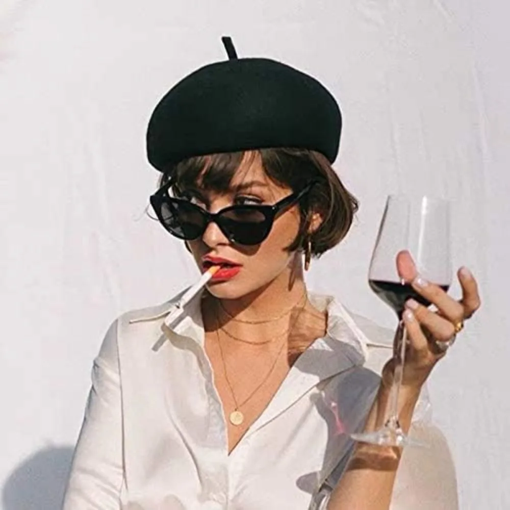 1 قطعة المرأة خمر الصوف عادي قبعة البيريه مع الشتاء سميكة الدافئة الفرنسية الفنان موضة عادية بلون أسود أحمر قبعة قبعة #1