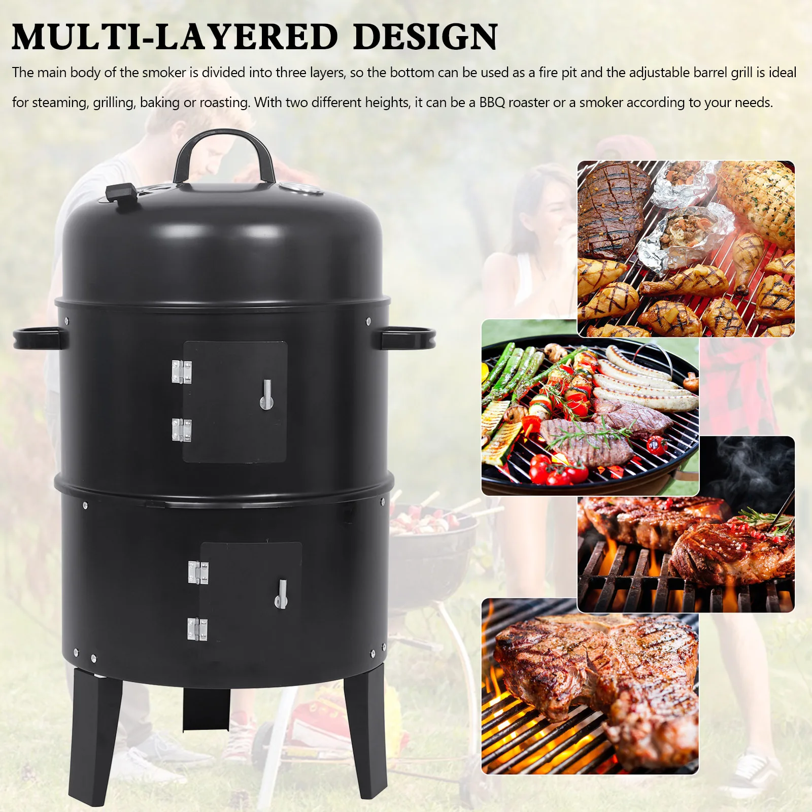 

Detachable 3-in-1 Vertical Charcoal Smoker Portable BBQ Smoker Grill