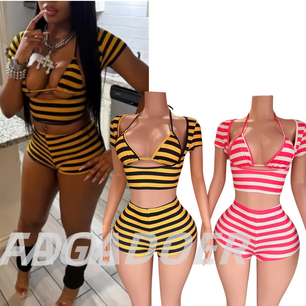Conjunto de 3 Piezas FAGADOER: Shorts a Rayas, Top Corto y Sujetador con Cordones, Ropa de Calle, Estilo Club, Tendencia 2026