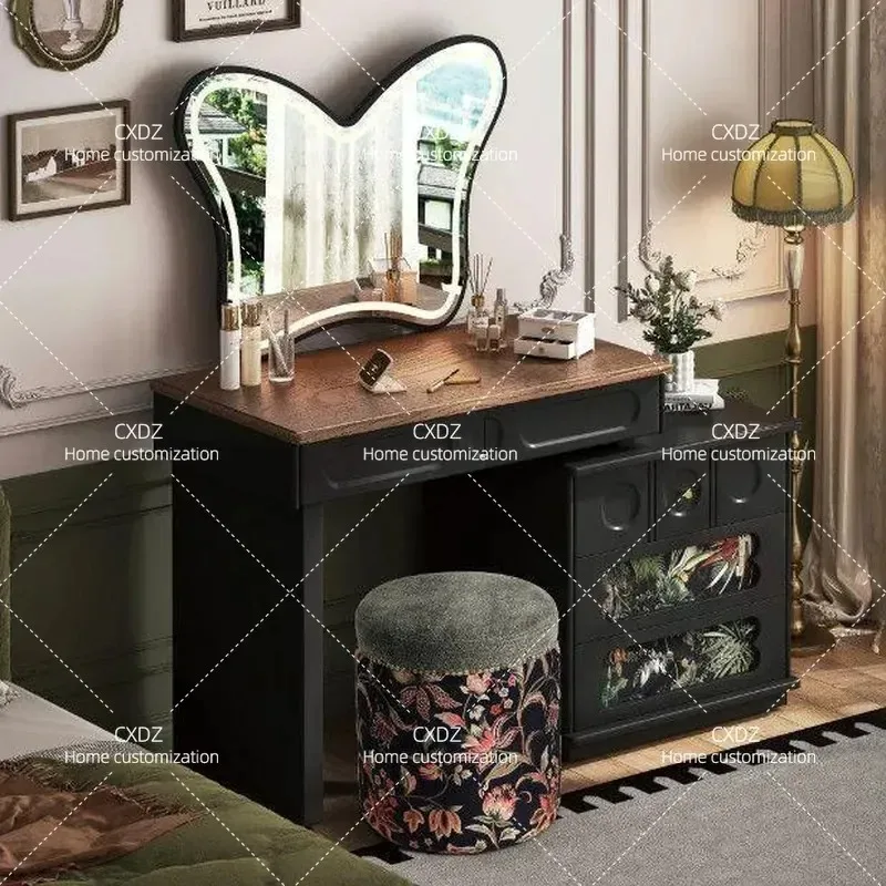 New solid wood dresser chest cabinet integrated small apartment bedroom storage cabinet retro style makeup table multi-layer