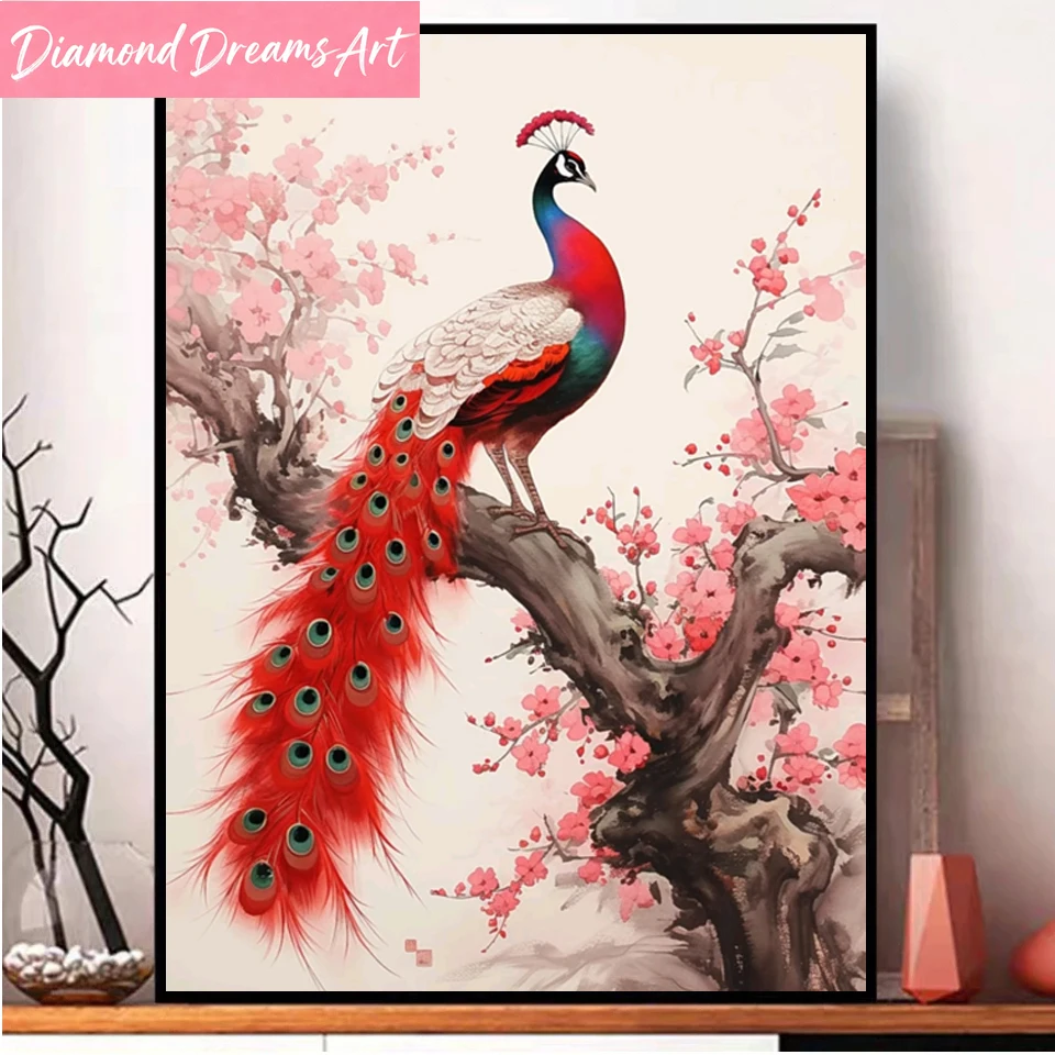 Rahmenloses, vollflächiges Diamant-Malset Neu 2024: Fantasie-Pfau mit Blumenlandschaft – DIY Mosaik-Diamant-Stickerei 5D Kreuzstich Vögel H