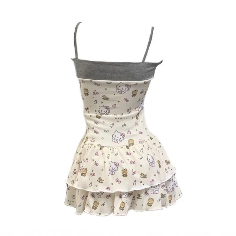Set Rok 2 Potong Slim Fit Bunga Hello Kitty Manis Baru Musim Panas untuk Wanita Gaun Tali Gaya Elegan Bercinta Pinggang & Atasan Kardigan